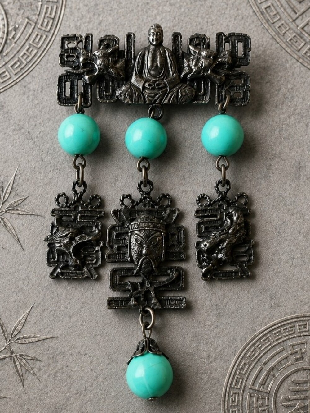Asian Inspired Ethnic Faux Green Turquoise Metal Buddha Brooch Pewter Tone EUC